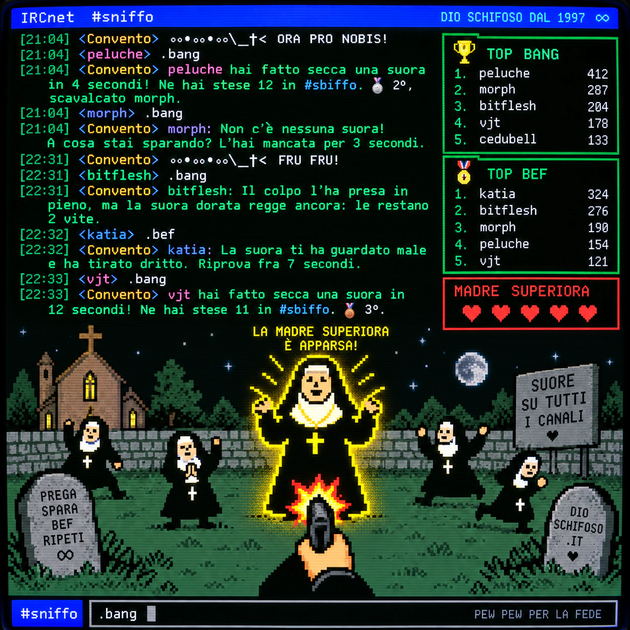 Pixel art: la Madre Superiora appare in un cimitero, cinque suore intorno e una canna di fucile in primo piano.